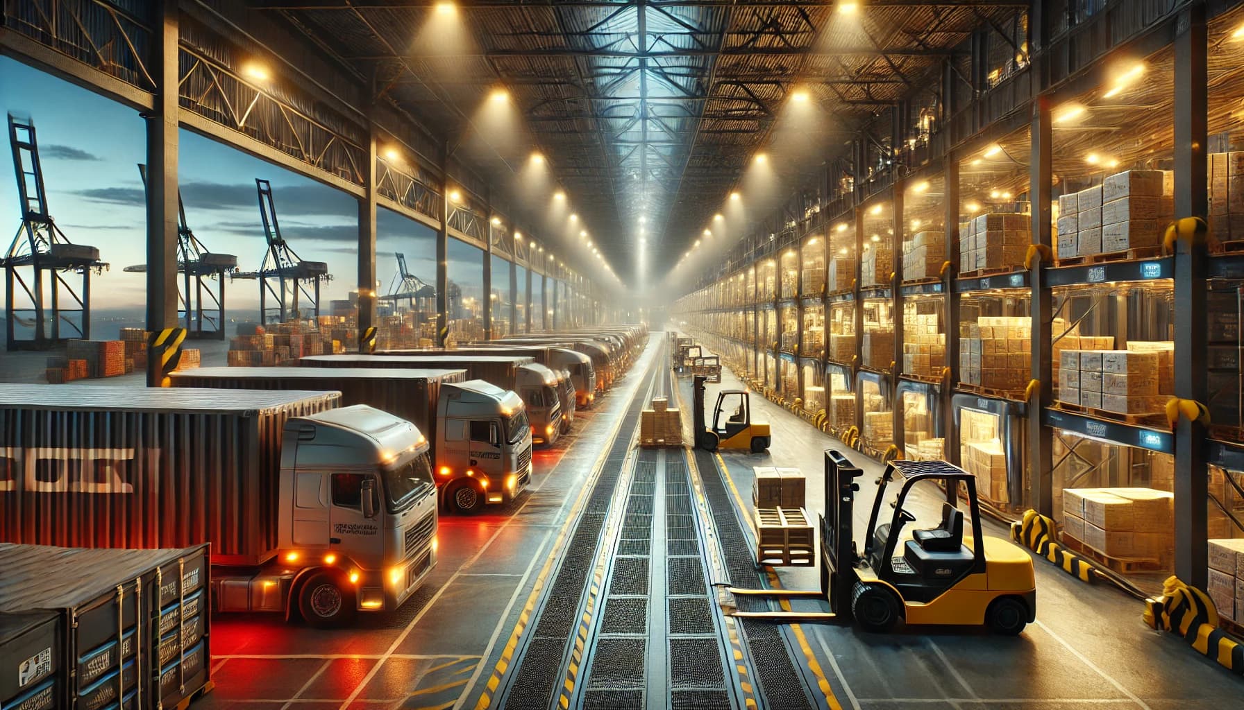 Logistics workers transloading goods between trucks and rail in a modern industrial facility.