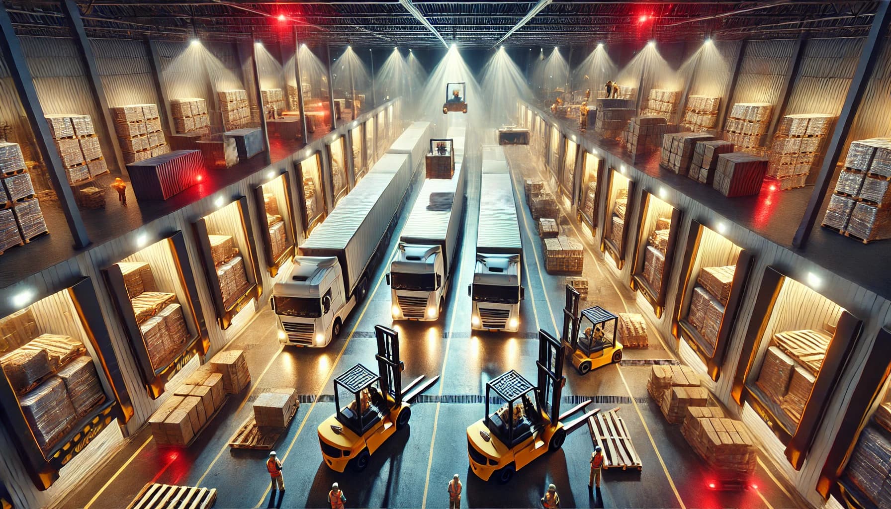 Forklift operators restacking pallets in modern warehouses across key U.S. logistics cities.