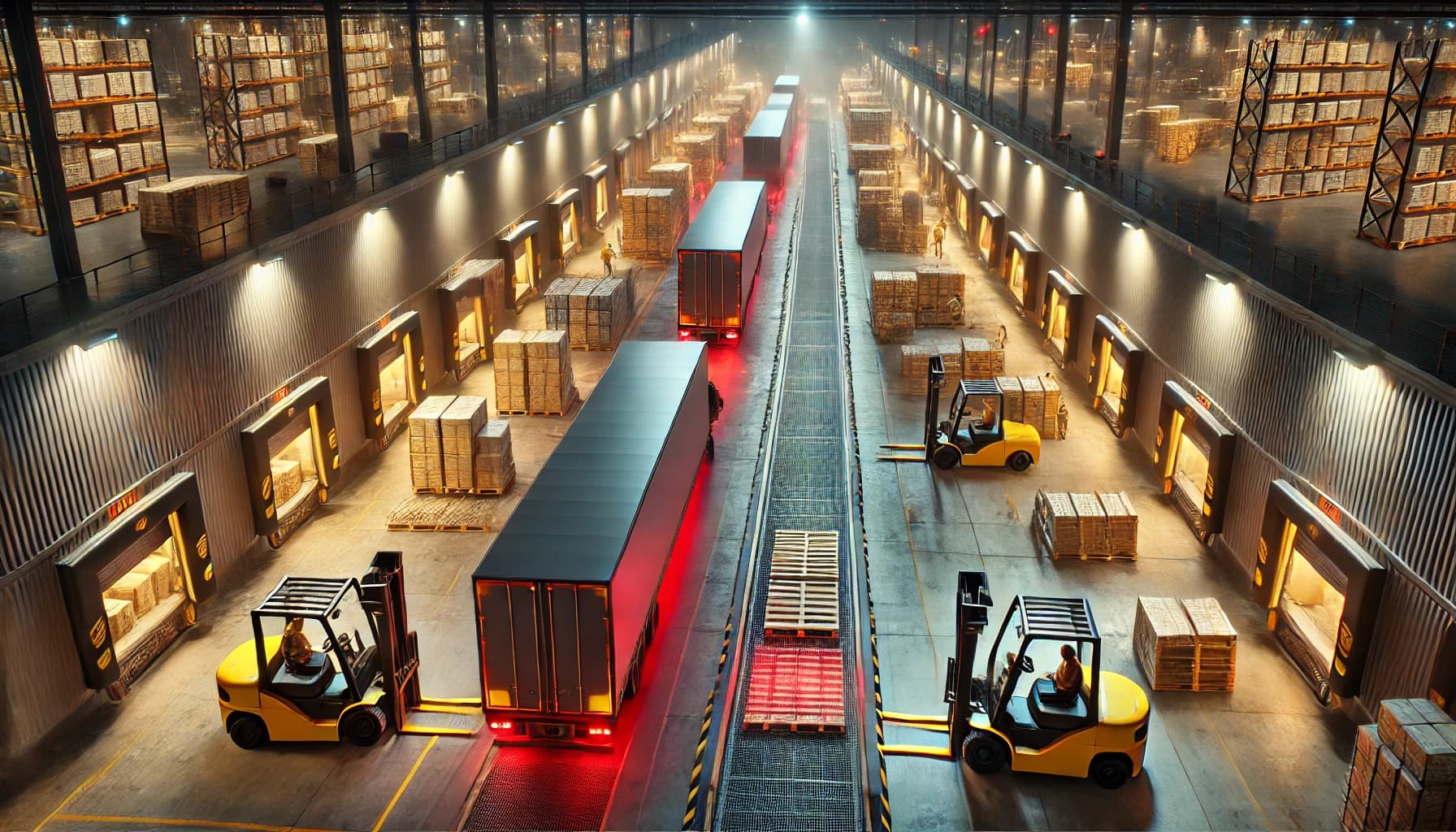 Workers restacking pallets at a logistics facility with forklifts and shrink-wrapped loads.