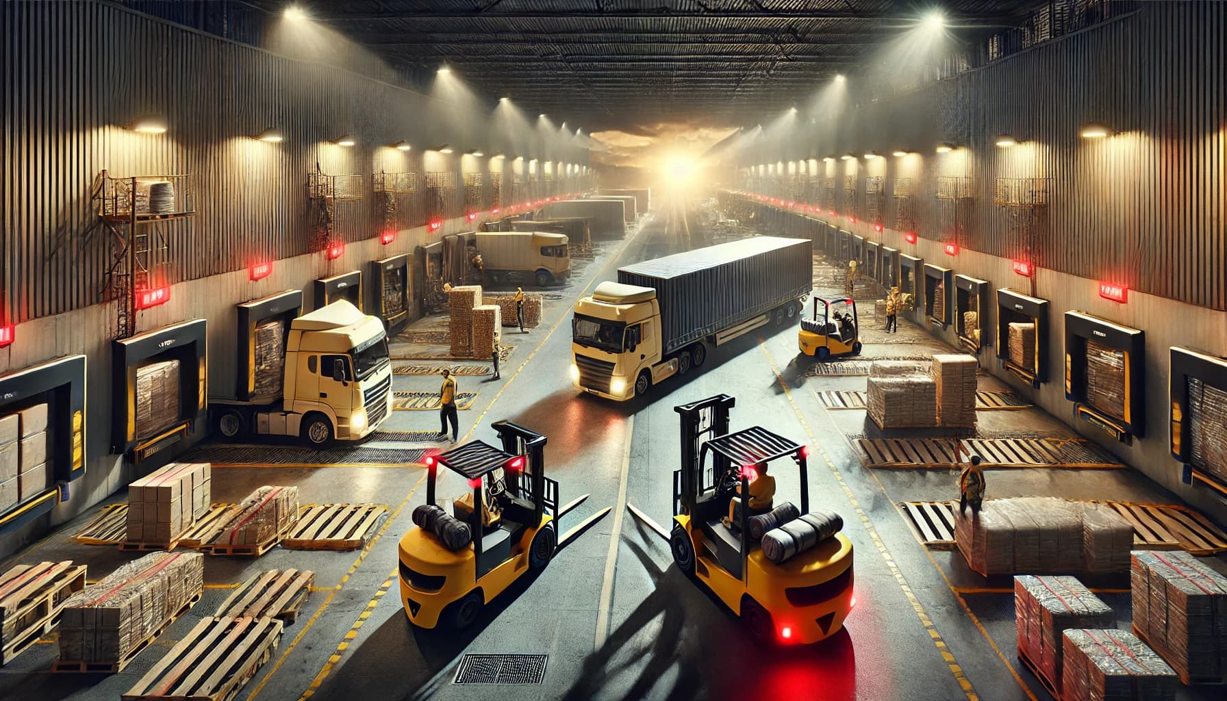 Modern cross-docking logistics hub with active freight transfers between trucks at dusk